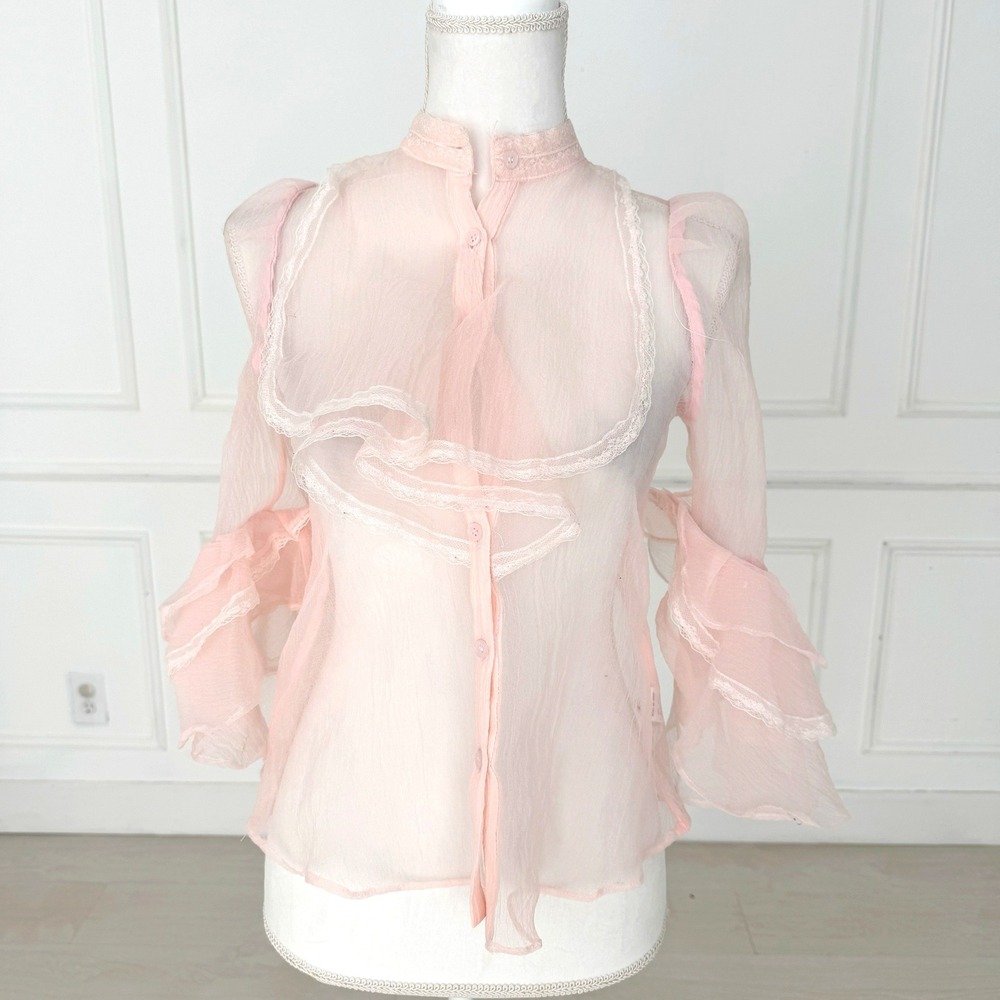 Obsession Ruffle Lace Blouse Women Small Pink Sheer Cold Shoulder Victorian Top